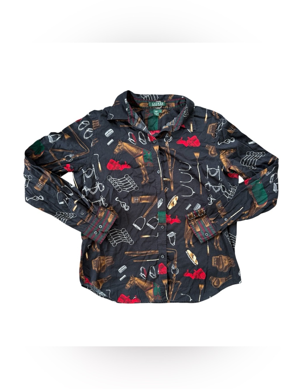 LAUREN Ralph Lauren Horse Print Long Sleeve Button Up Shirt Sz Large Equestrian